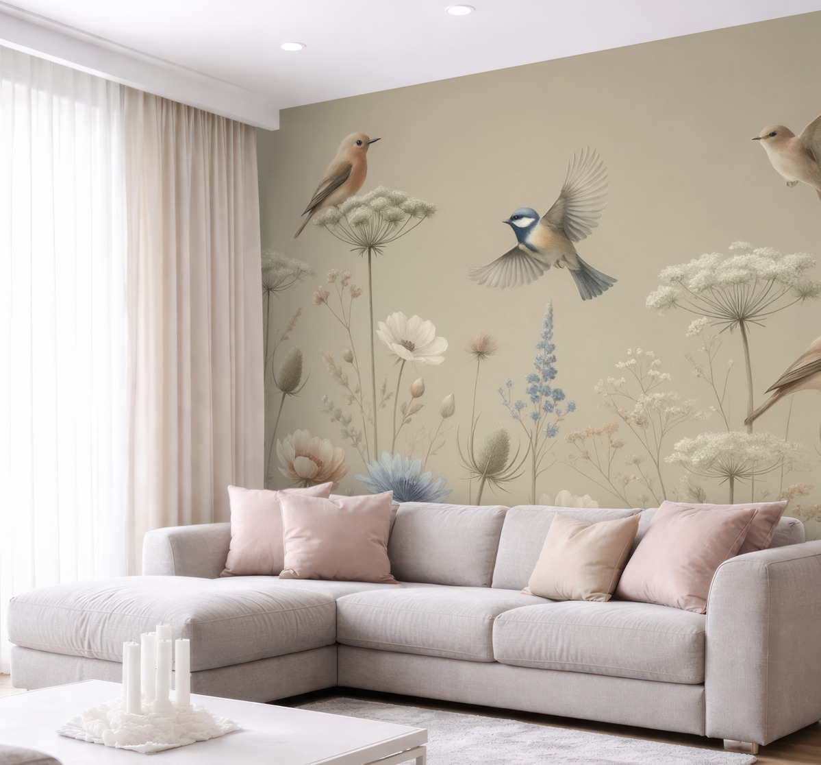 Fototapeta Subtelne wiejskie kwiaty z ptakami na jasnobrązowym tle.