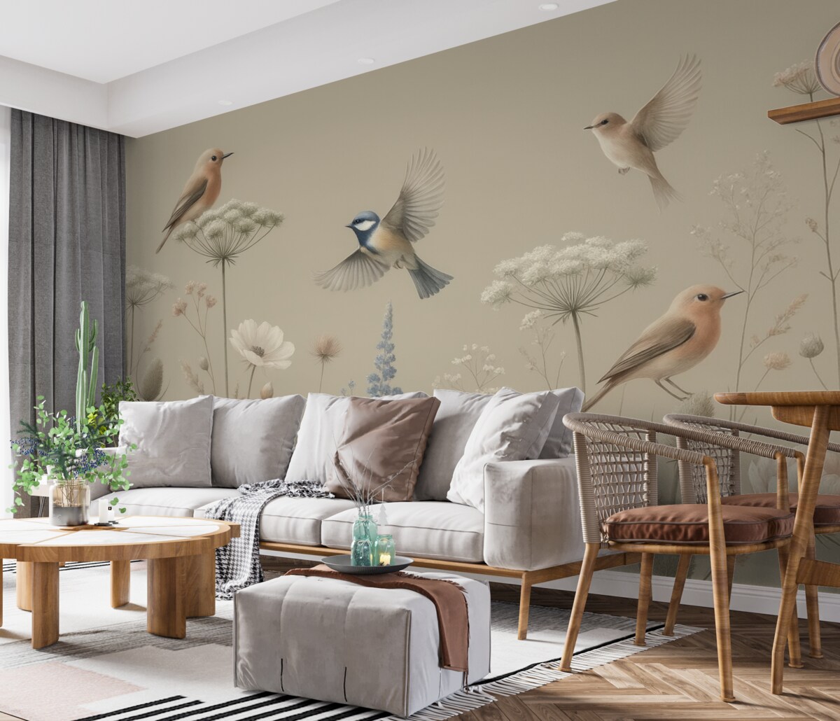 Fototapeta Subtelne wiejskie kwiaty z ptakami na jasnobrązowym tle.