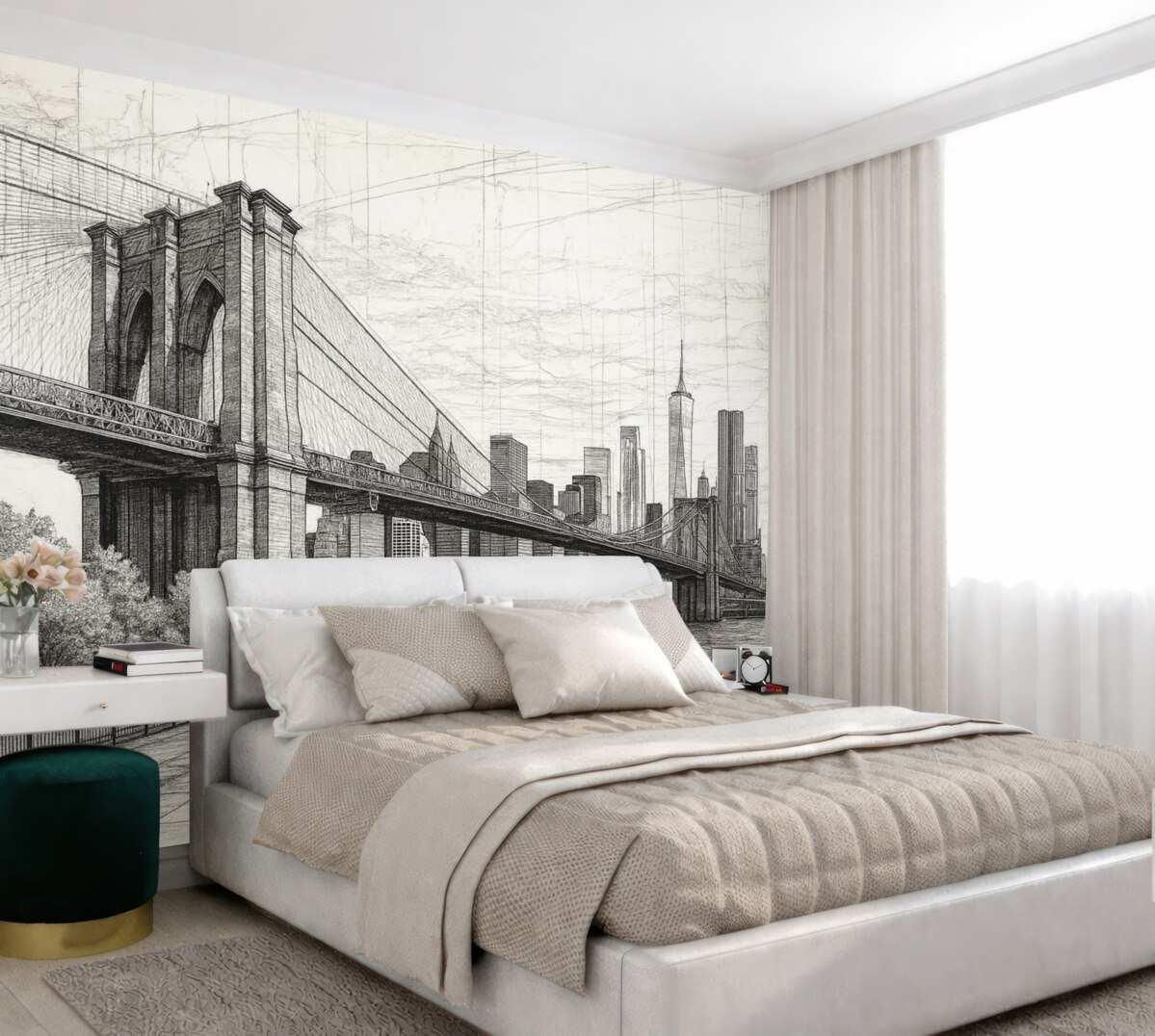 Fototapeta Panorama Mostu Brooklyńskiego stworzona w szkicowym stylu retro, z liniami i rysami.