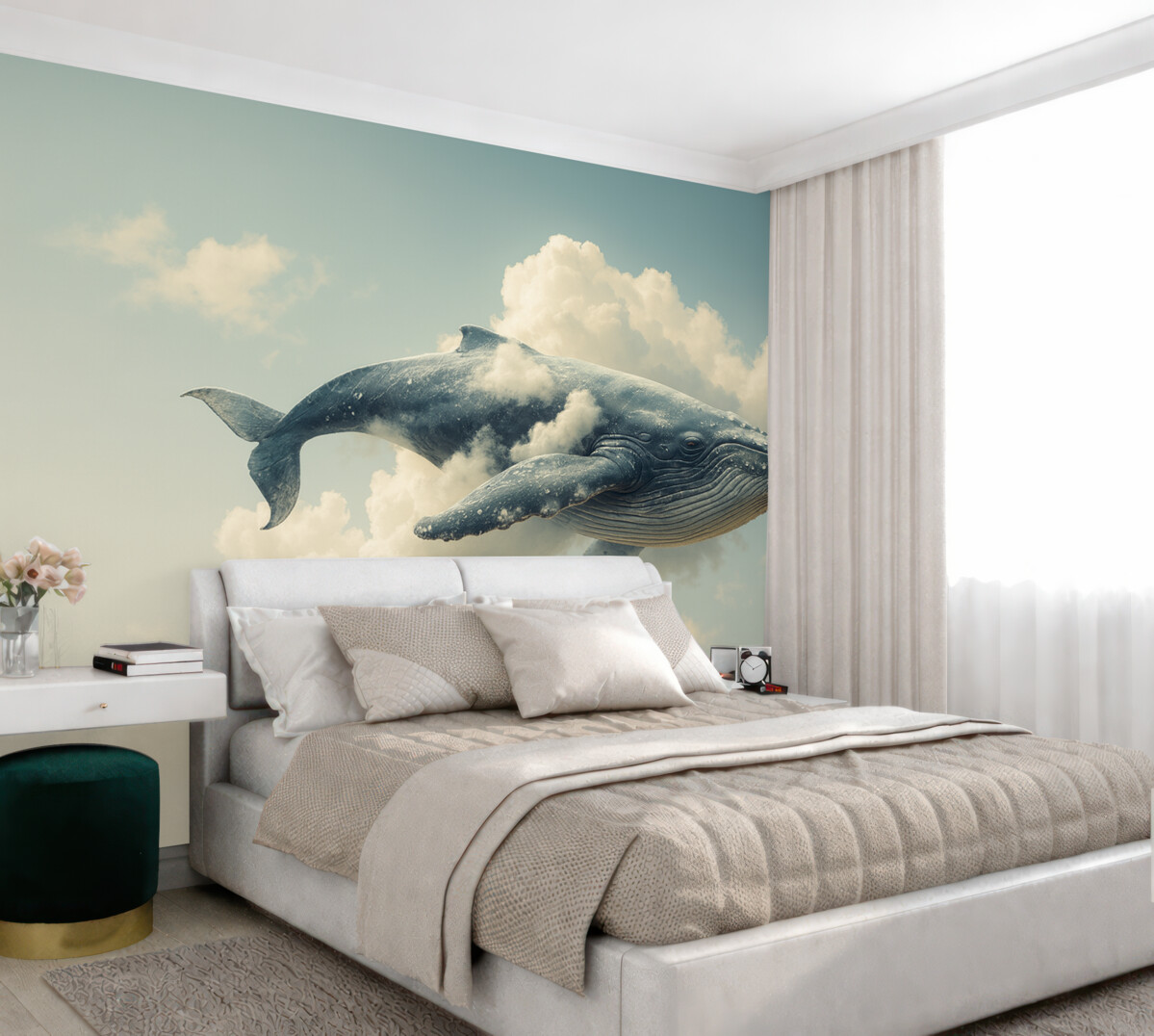 Fototapeta Wielki, fantastyczny wieloryb wpływający przez obłoki na tle błękitnego nieba.