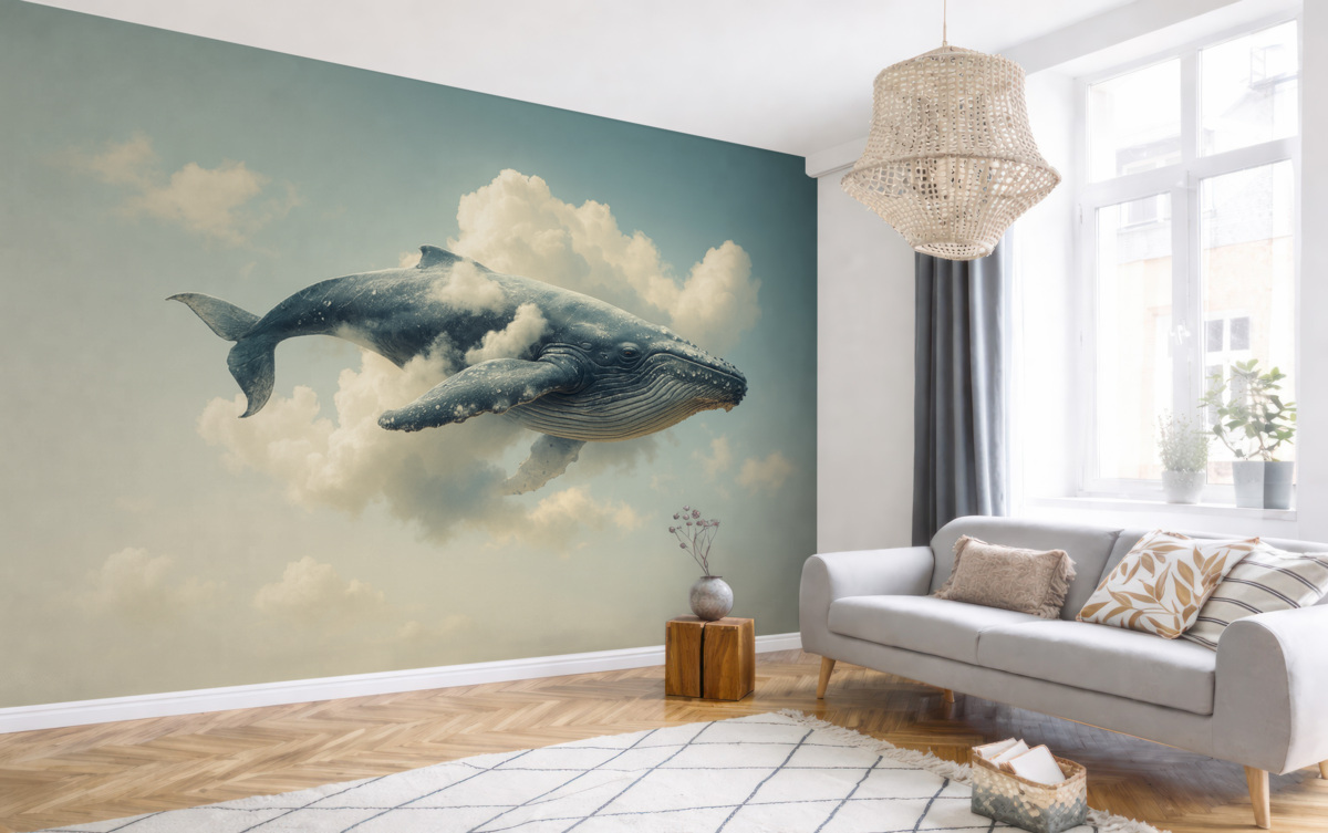 Fototapeta Wielki, fantastyczny wieloryb wpływający przez obłoki na tle błękitnego nieba.