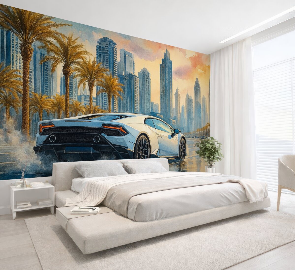 Fototapeta Biały, współczesny samochód sportowy rywalizujący na tle palm i wieżowców w luźnej technice akwareli.