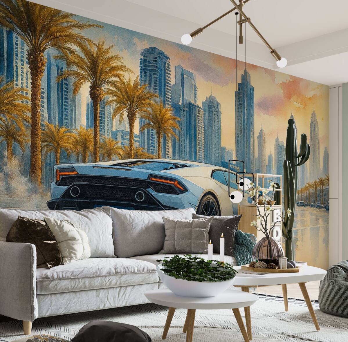 Fototapeta Biały, współczesny samochód sportowy rywalizujący na tle palm i wieżowców w luźnej technice akwareli.