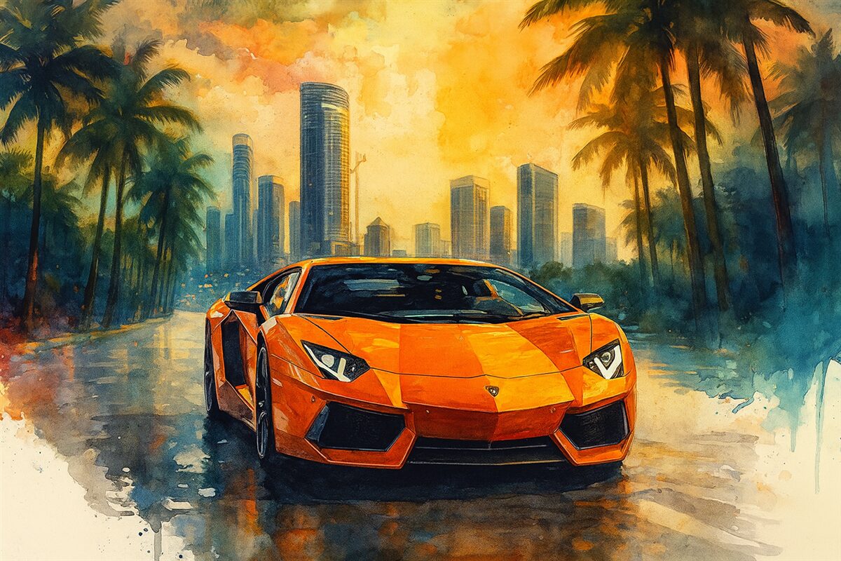 Fototapeta Jasny, współczesny samochód sportowy na tle palm i wieżowców w technice akwarelowej a la prima.