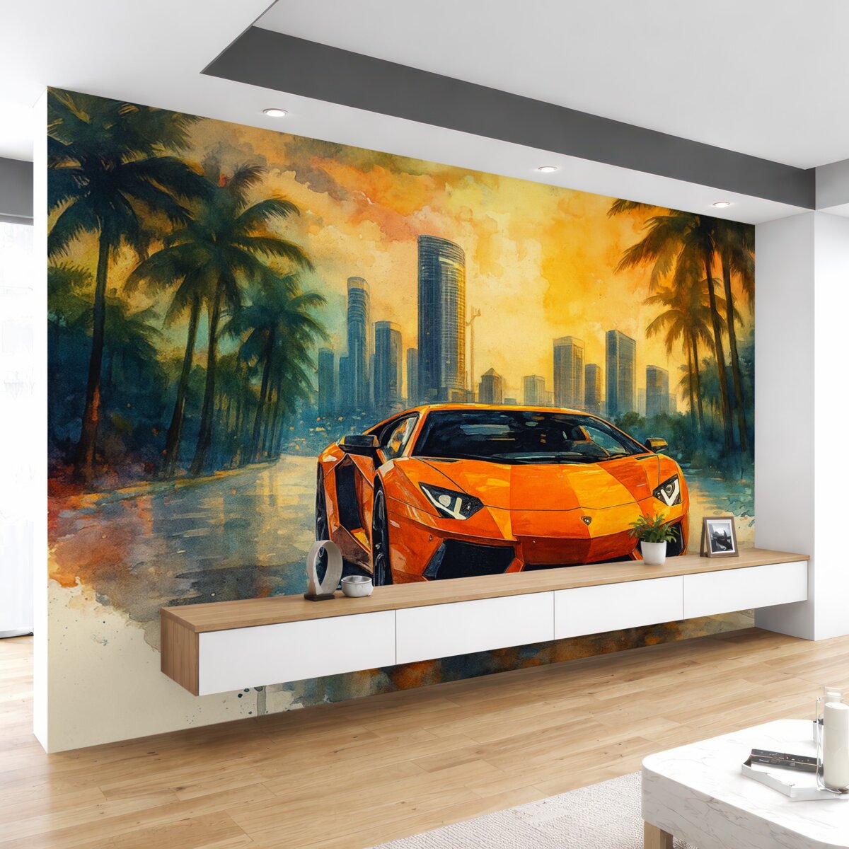 Fototapeta Jasny, współczesny samochód sportowy na tle palm i wieżowców w technice akwarelowej a la prima.