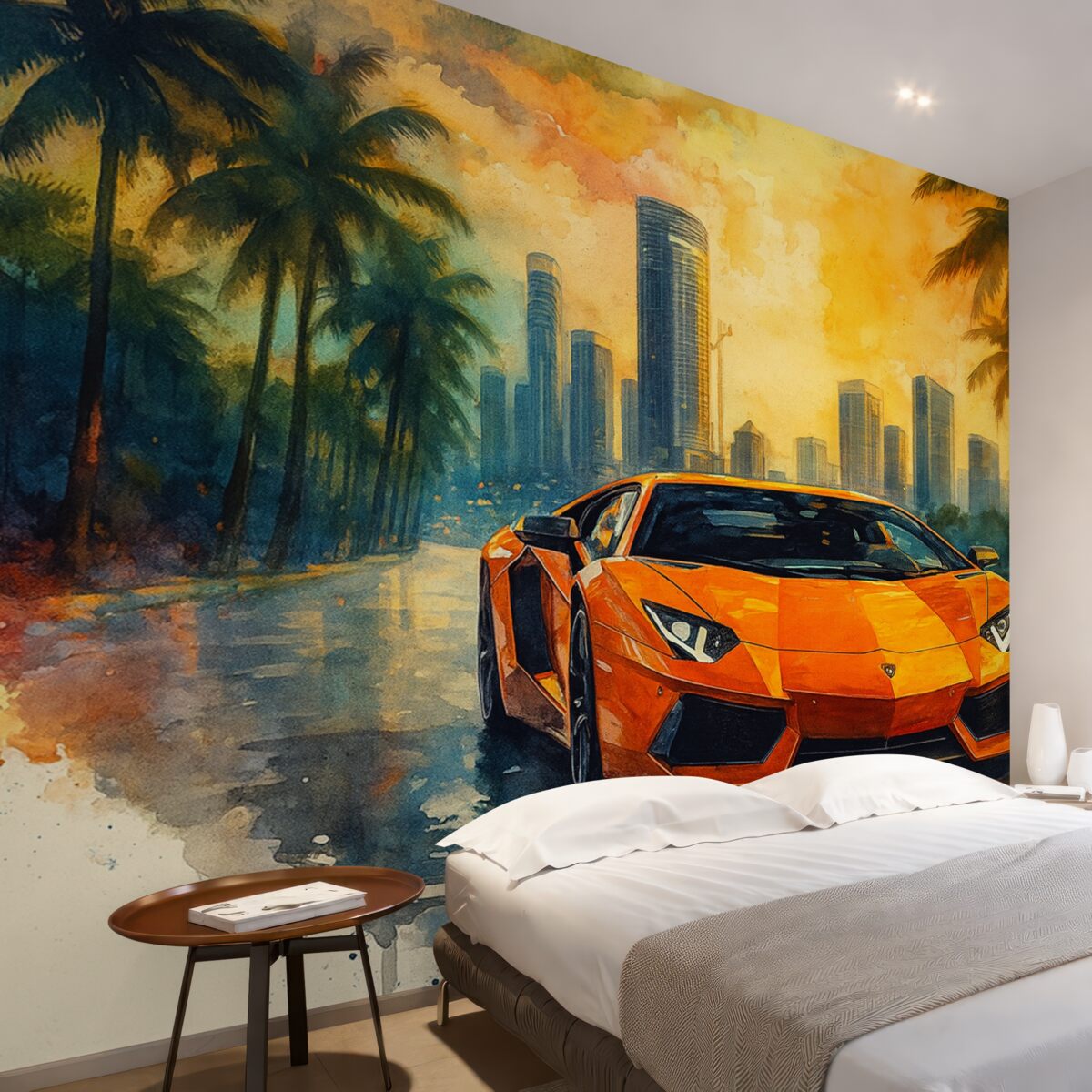 Fototapeta Jasny, współczesny samochód sportowy na tle palm i wieżowców w technice akwarelowej a la prima.