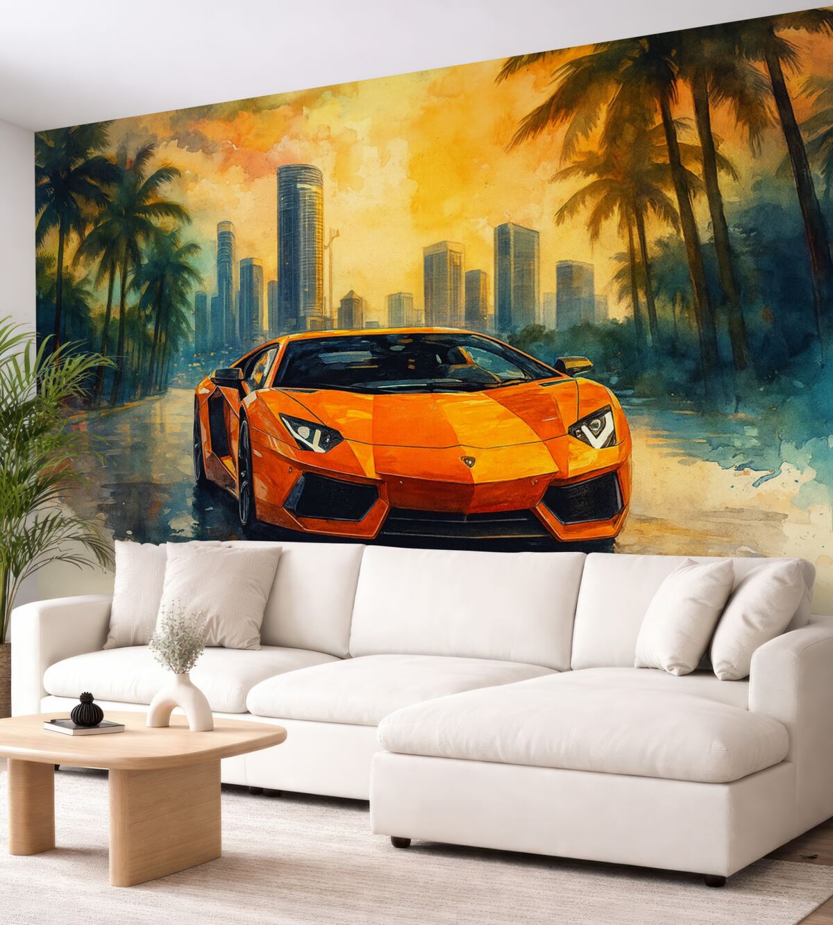 Fototapeta Jasny, współczesny samochód sportowy na tle palm i wieżowców w technice akwarelowej a la prima.