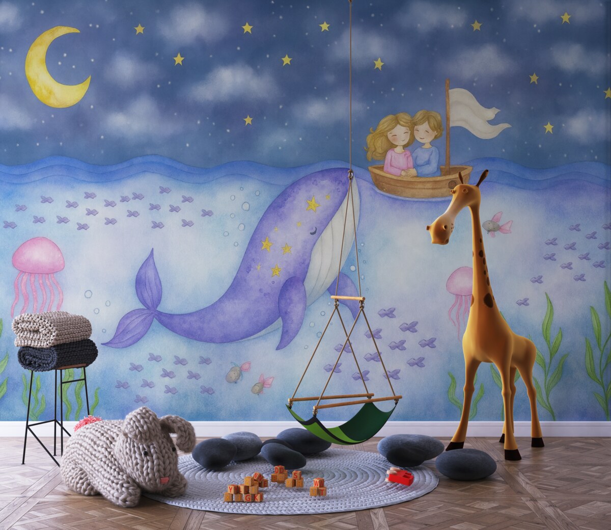 Fototapeta Wieloryb w oceanie i dzieci w łódce w stylu akwareli.