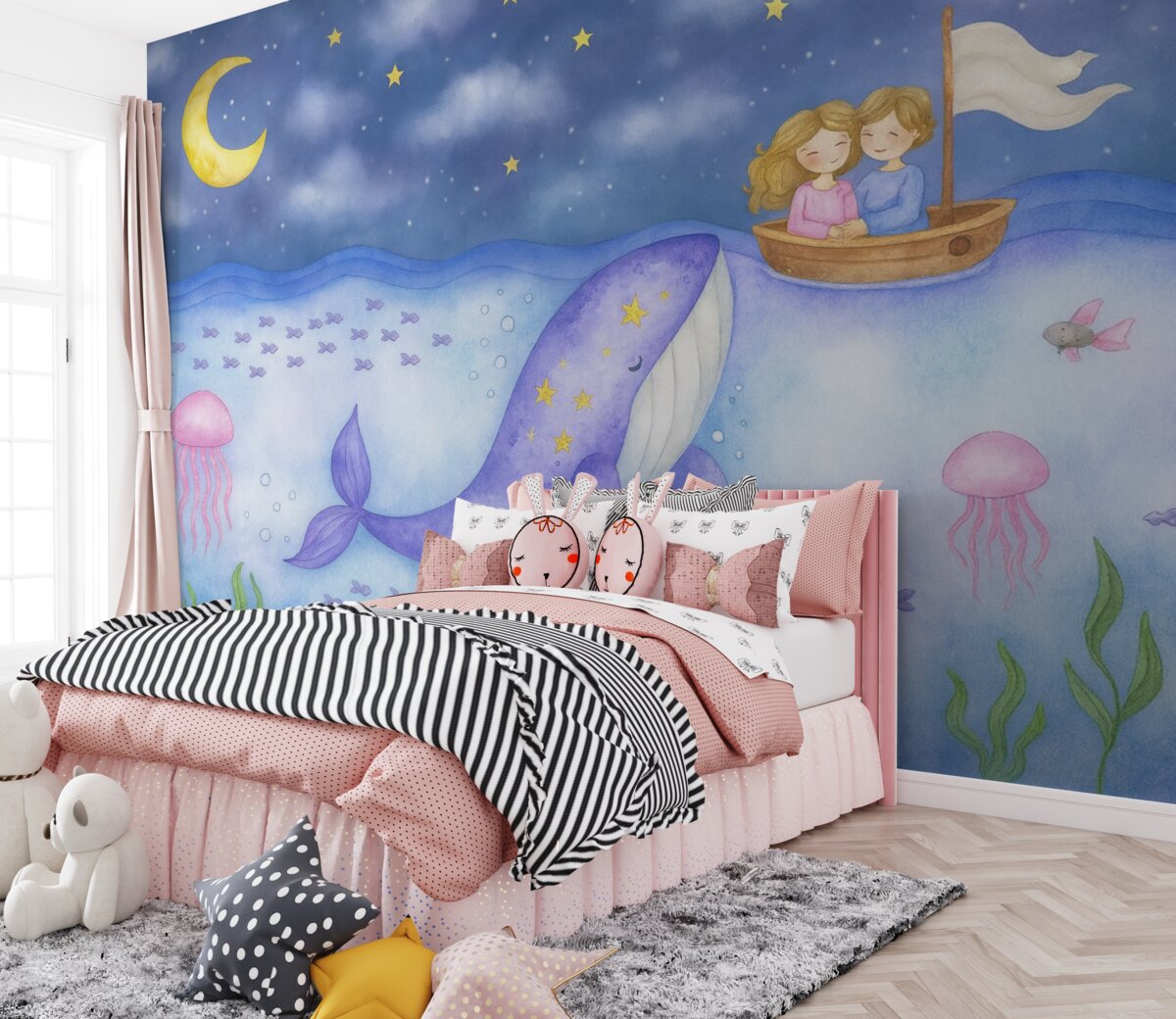 Fototapeta Wieloryb w oceanie i dzieci w łódce w stylu akwareli.