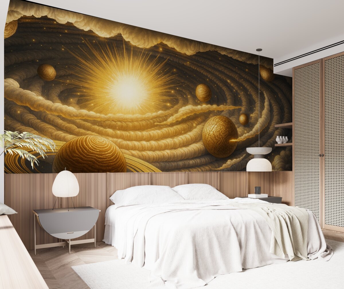 Fototapeta Kosmiczna galaktyka z ciałami niebieskimi i słońcem.