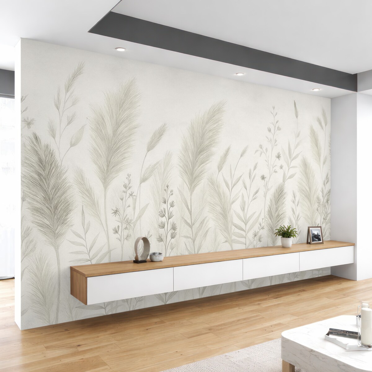 Fototapeta Wysokie łąkowe trawy oraz kwiaty w stonowanych odcieniach.