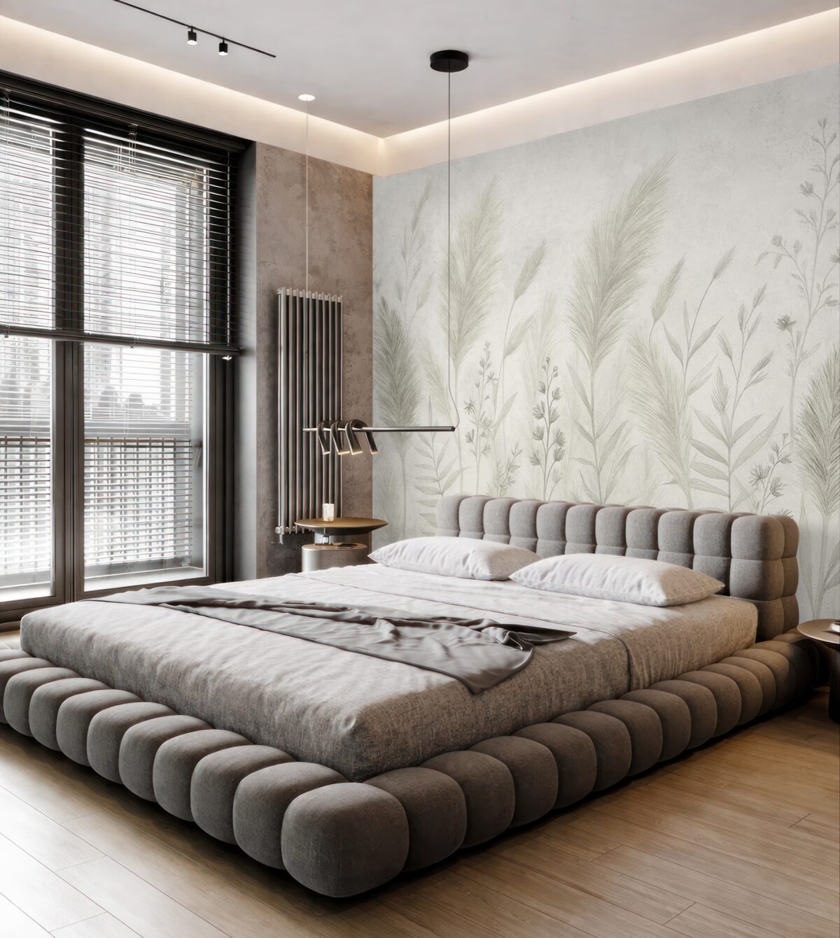 Fototapeta Wysokie łąkowe trawy oraz kwiaty w stonowanych odcieniach.