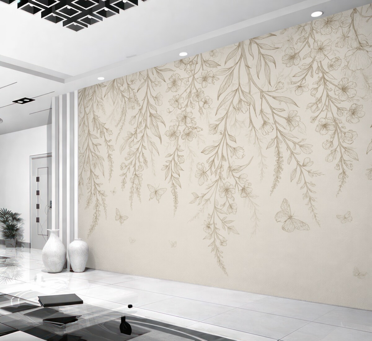 Fototapeta Cienkie, pionowe kwiaty opadające z góry.