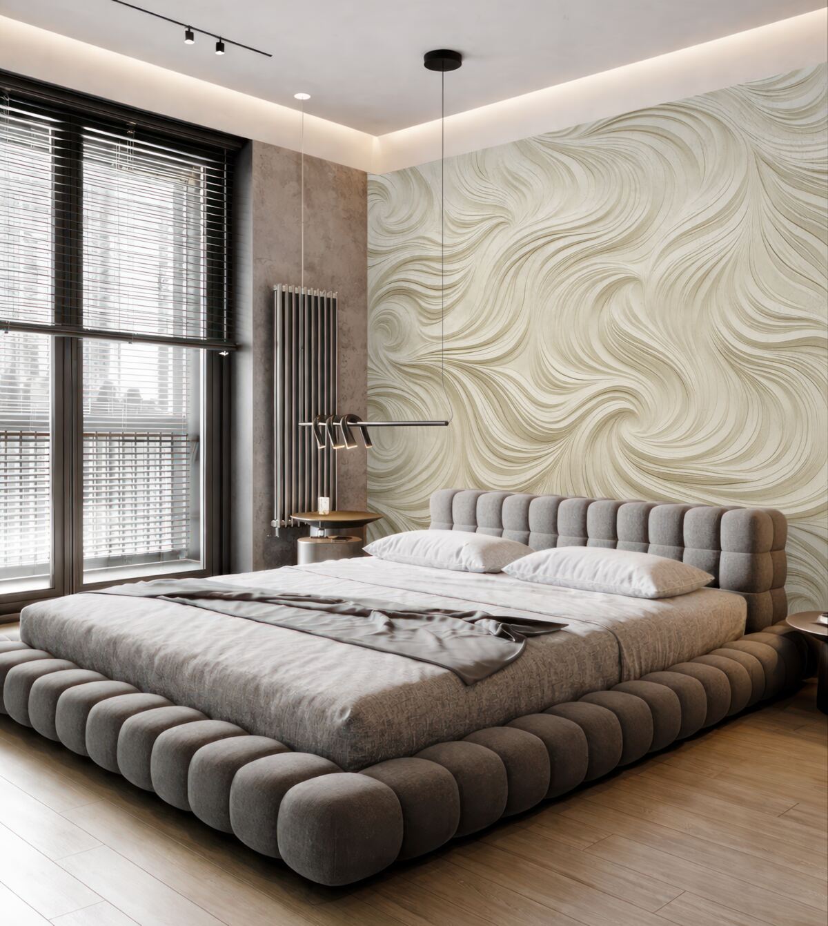 Fototapeta Wolumetryczny motyw na ścianie w jasnych odcieniach.