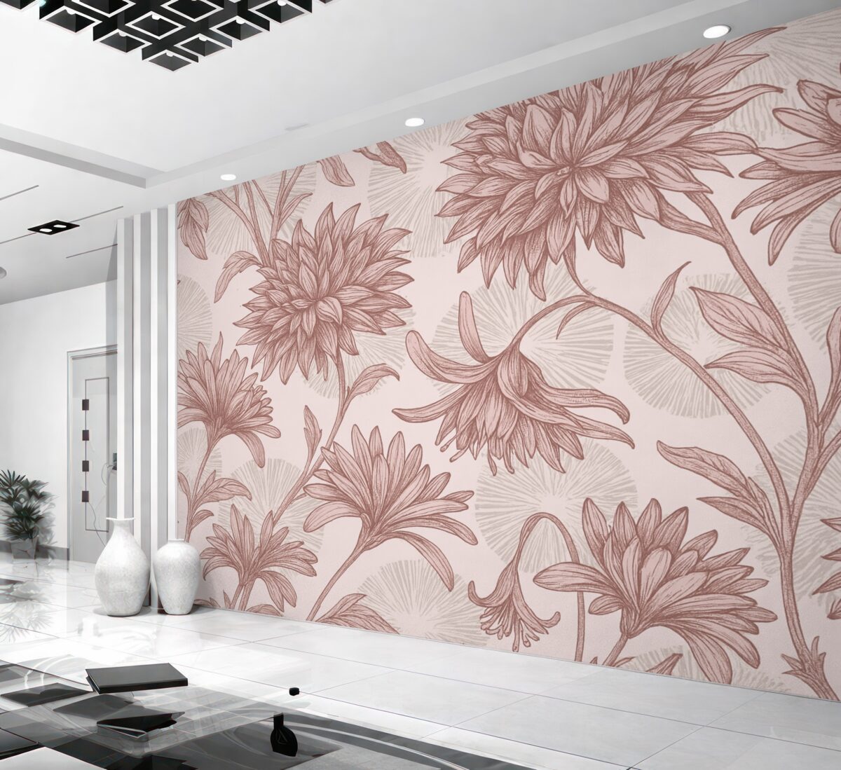 Fototapeta wielkie różowe płatki i szare okręgi