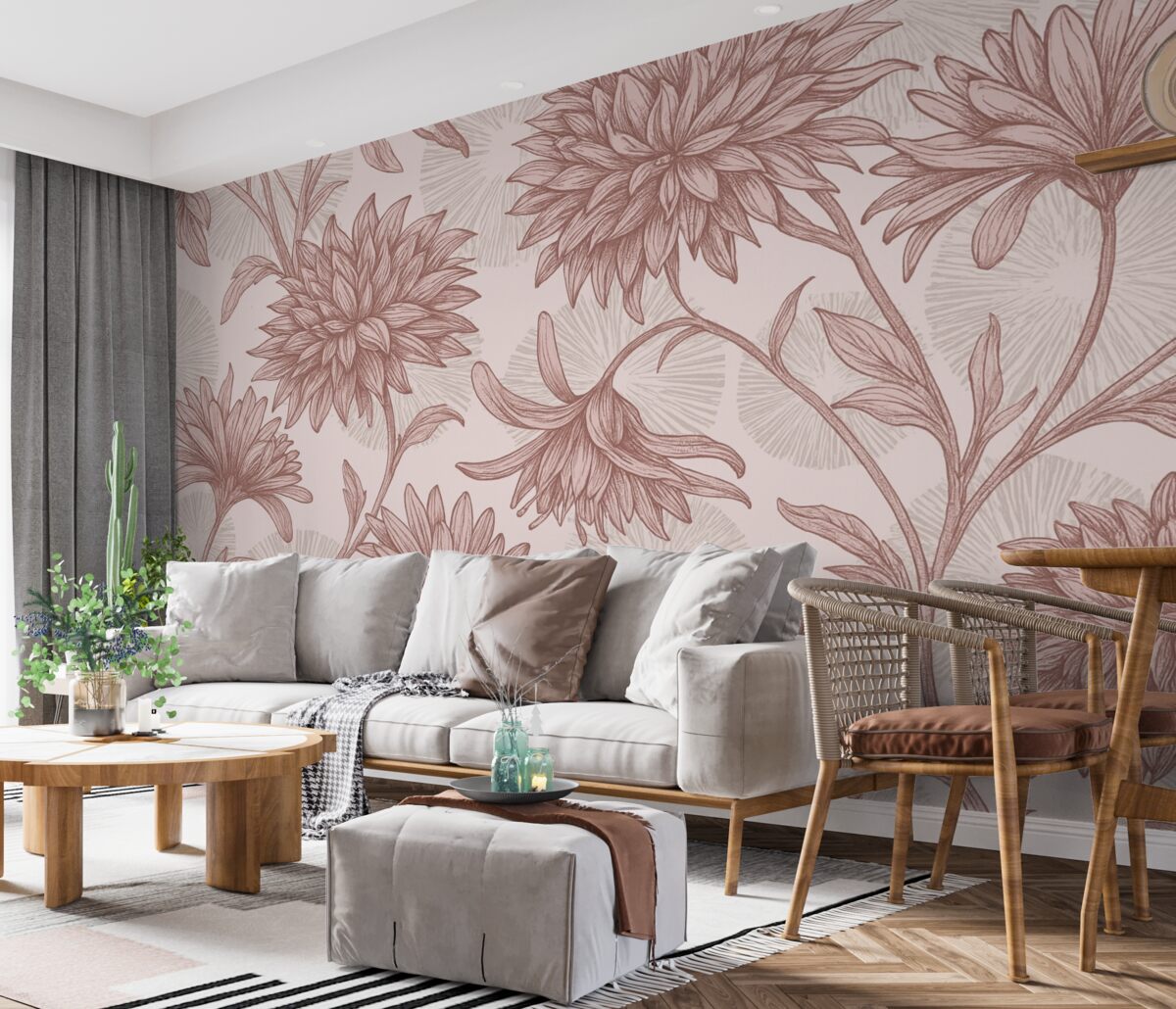 Fototapeta wielkie różowe płatki i szare okręgi