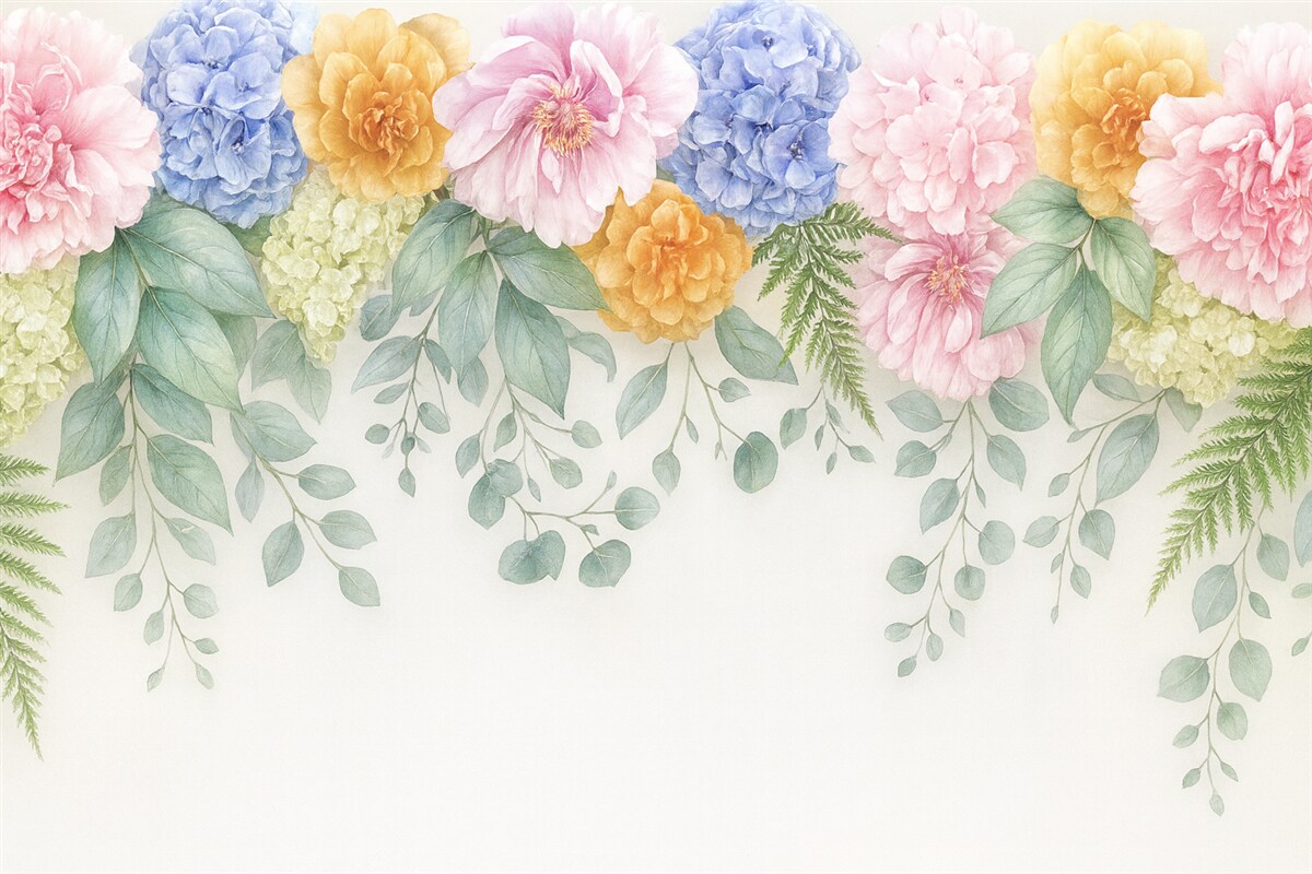 Fototapeta W górnej części znajdują się jasne, kolorowe, duże kwiaty.