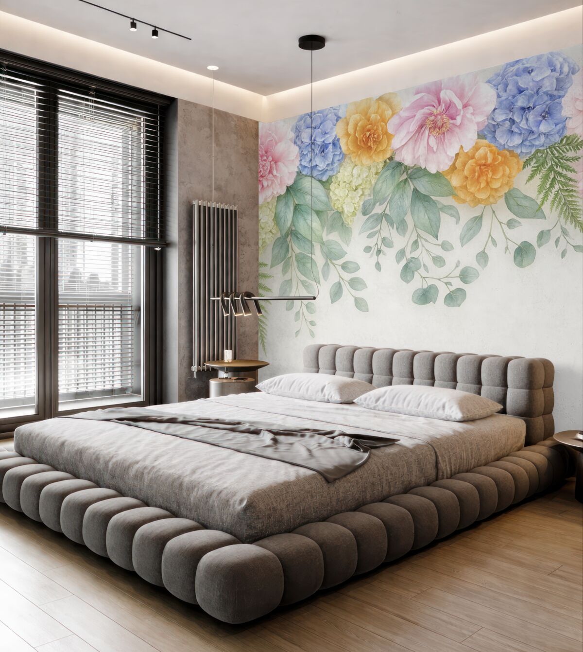 Fototapeta W górnej części znajdują się jasne, kolorowe, duże kwiaty.