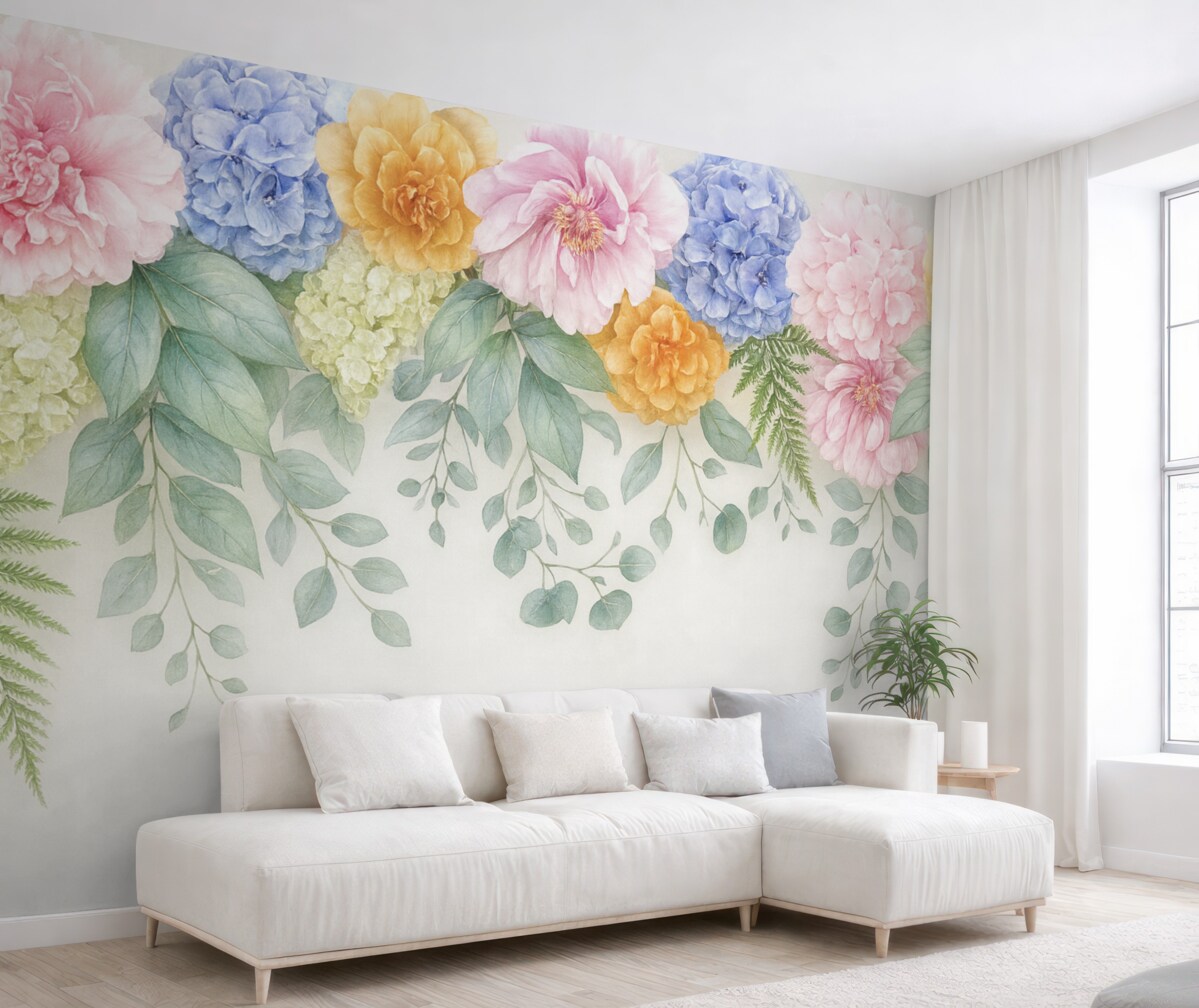 Fototapeta W górnej części znajdują się jasne, kolorowe, duże kwiaty.