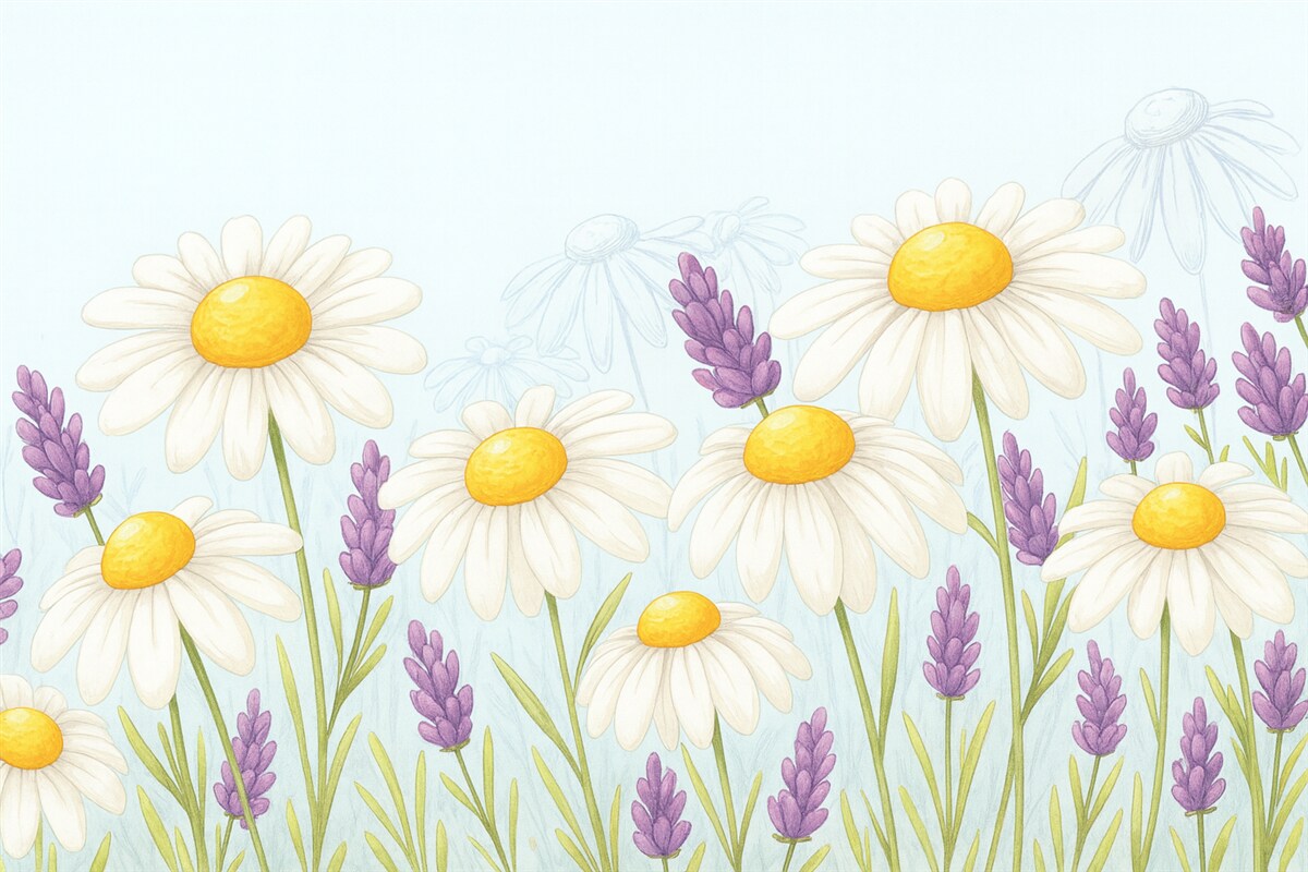 Fototapeta wielkie stokrotki oraz kwiaty lawendy