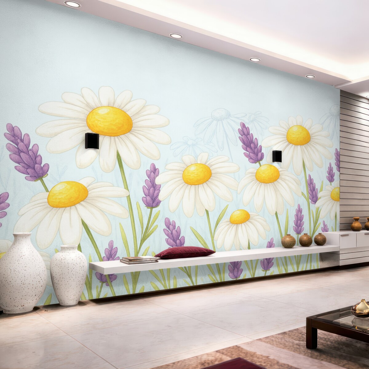 Fototapeta wielkie stokrotki oraz kwiaty lawendy