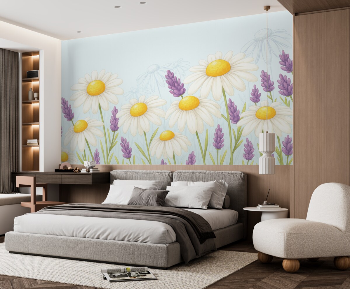 Fototapeta wielkie stokrotki oraz kwiaty lawendy