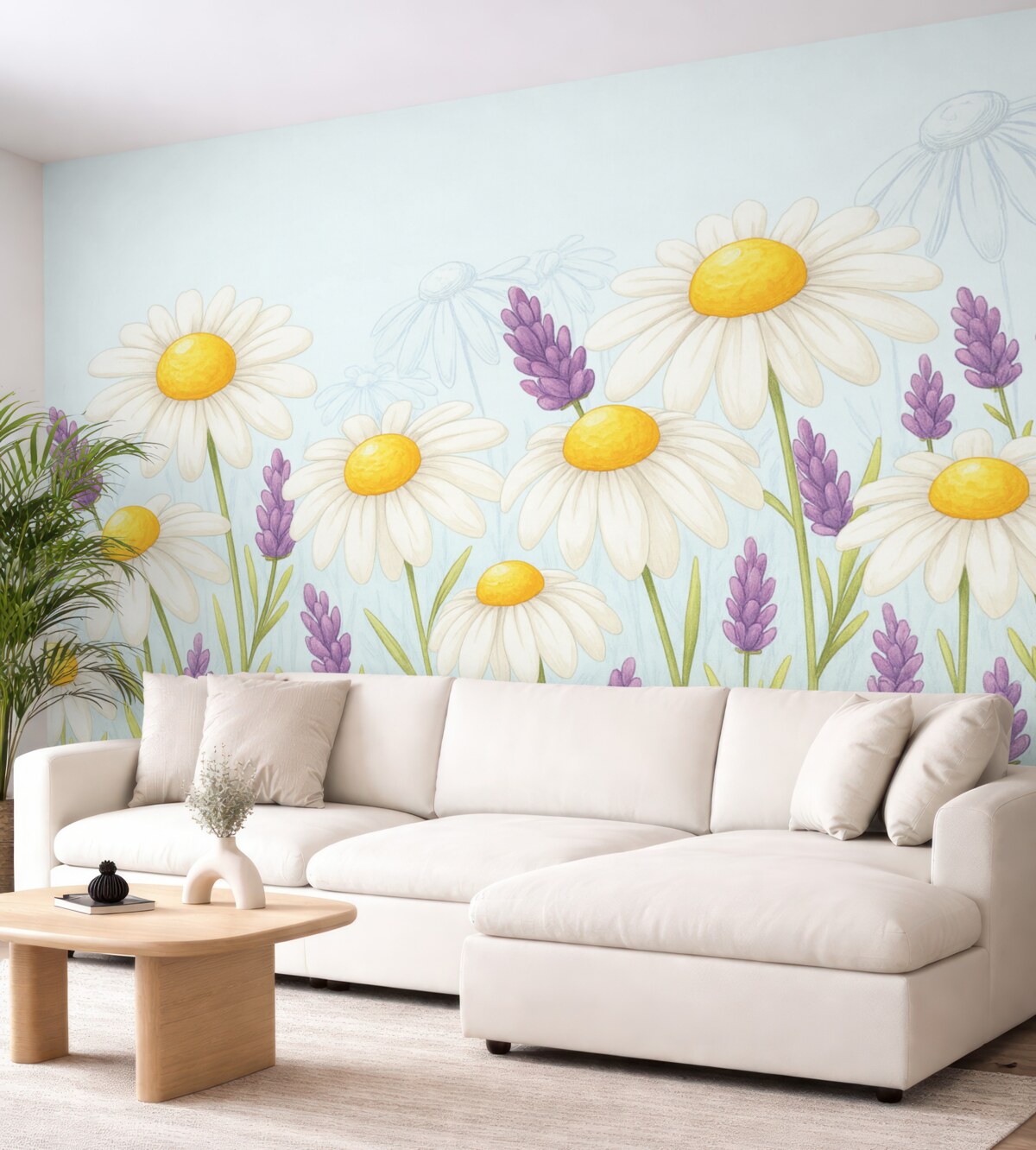 Fototapeta wielkie stokrotki oraz kwiaty lawendy