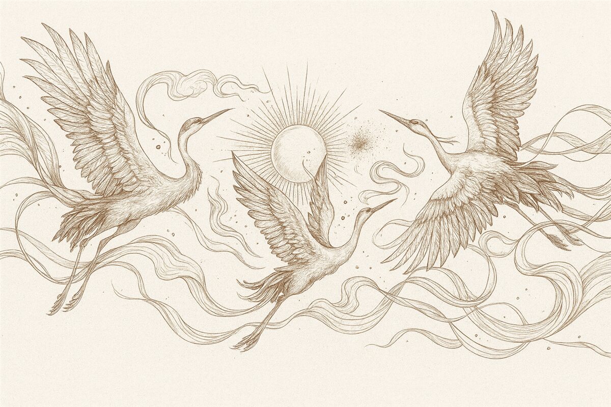 Fototapeta Ptaki w locie, rysunek konturowy, prostota, beżowa gama barw