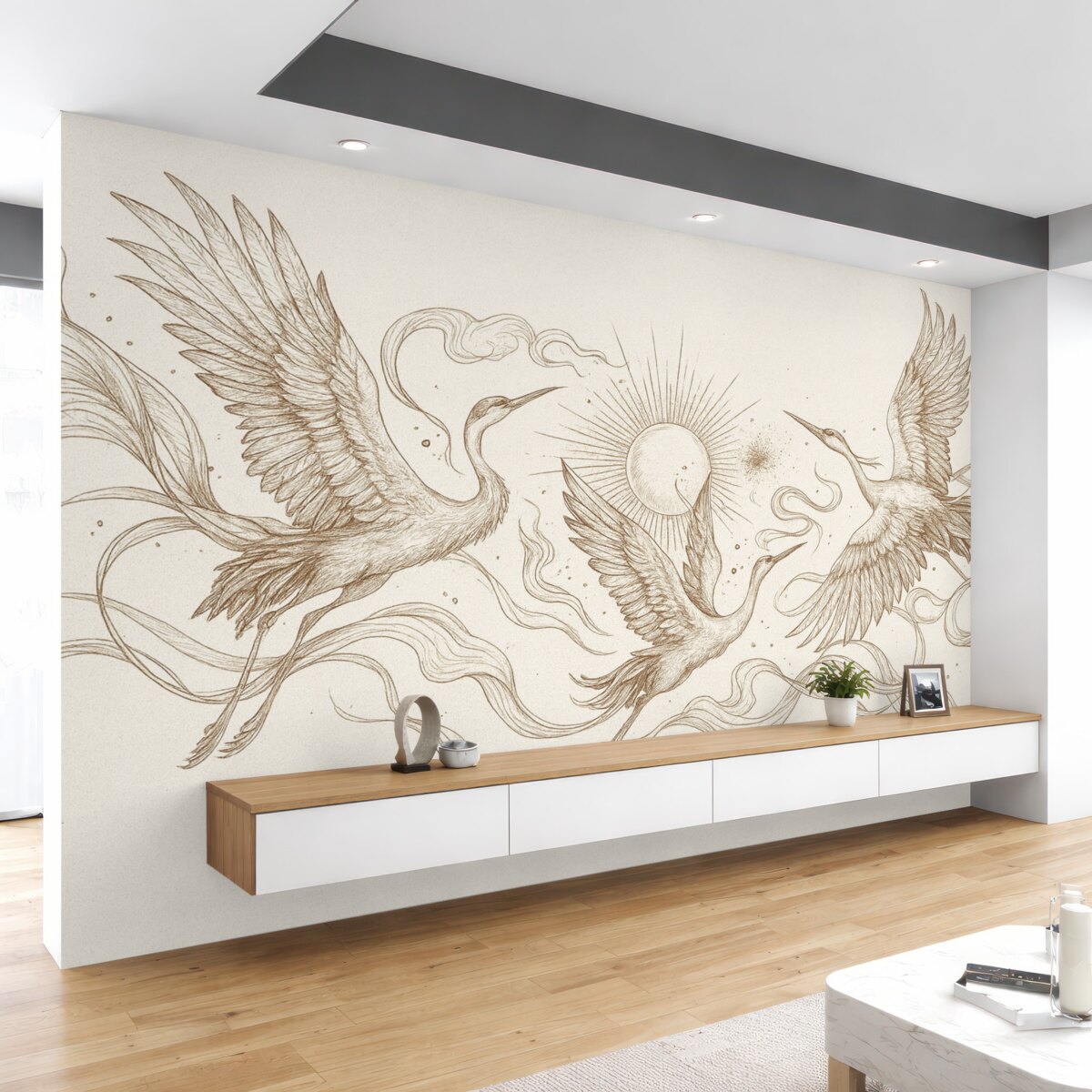 Fototapeta Ptaki w locie, rysunek konturowy, prostota, beżowa gama barw