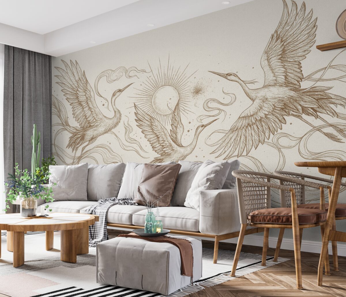 Fototapeta Ptaki w locie, rysunek konturowy, prostota, beżowa gama barw