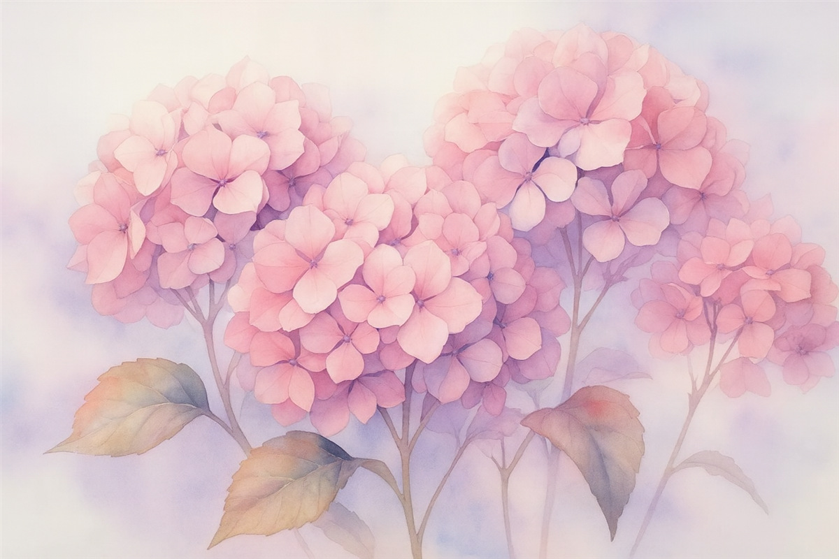 Fototapeta Rozkwitająca różowa hortensja w wilgotnej akwareli.