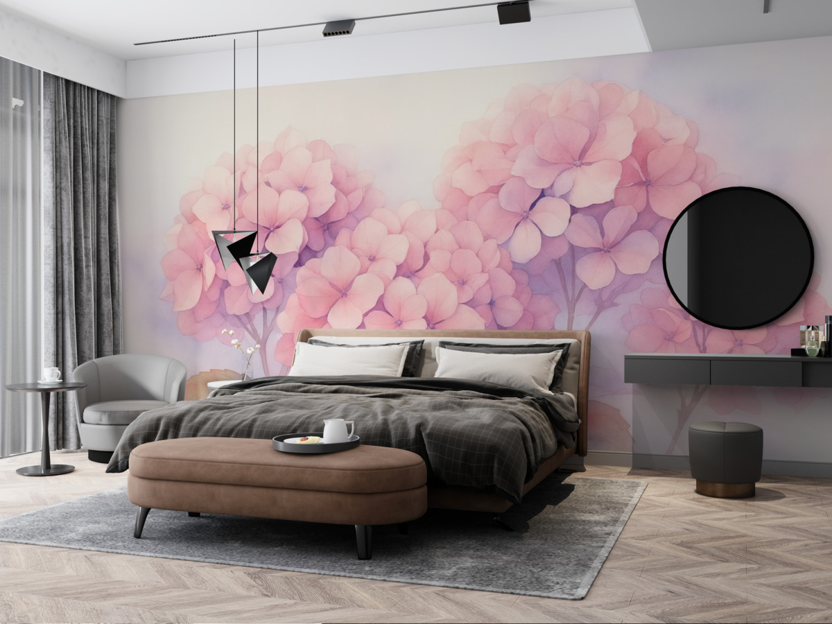 Fototapeta Rozkwitająca różowa hortensja w wilgotnej akwareli.