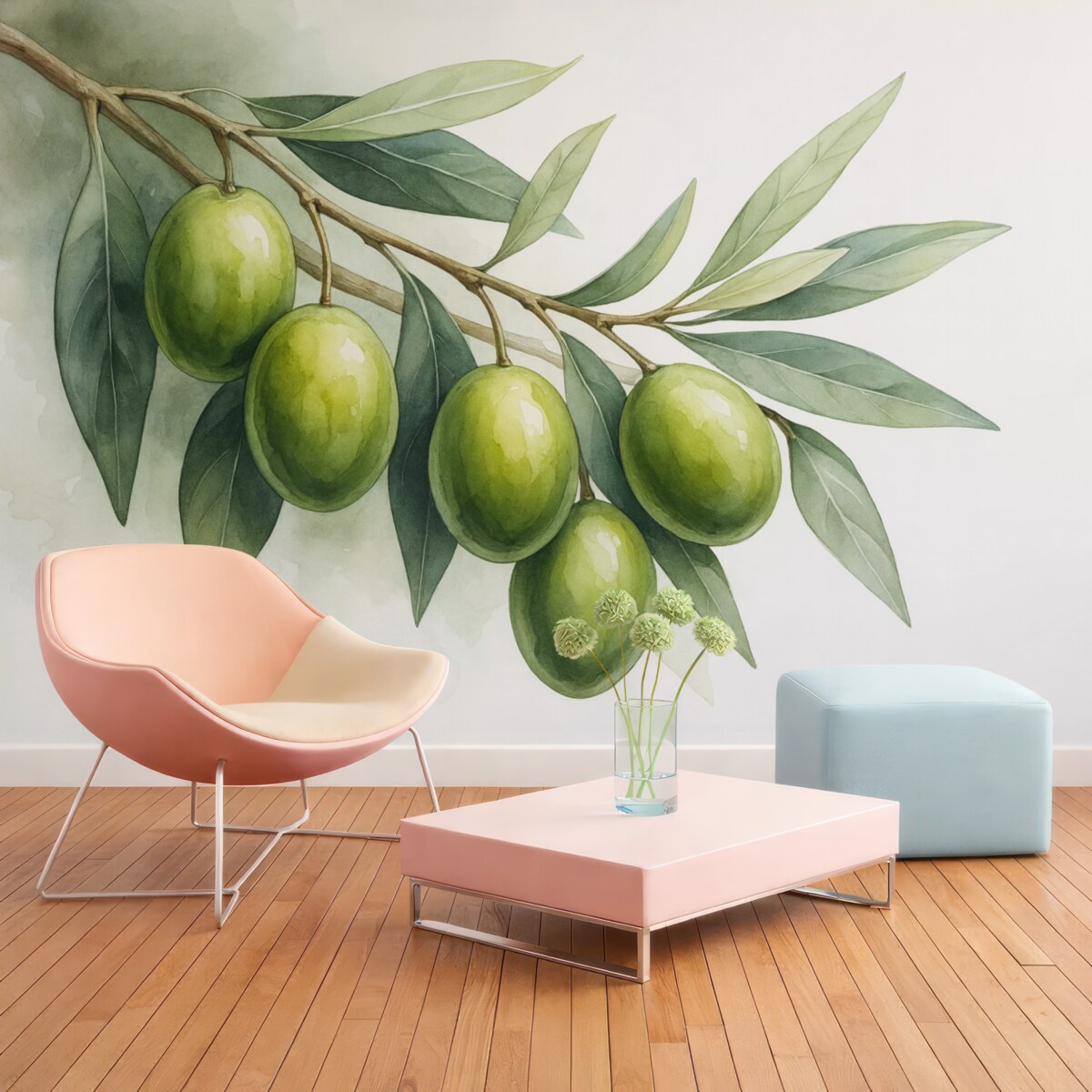 Fototapeta Gałązka z zielonymi oliwkami to wilgotna akwarela.