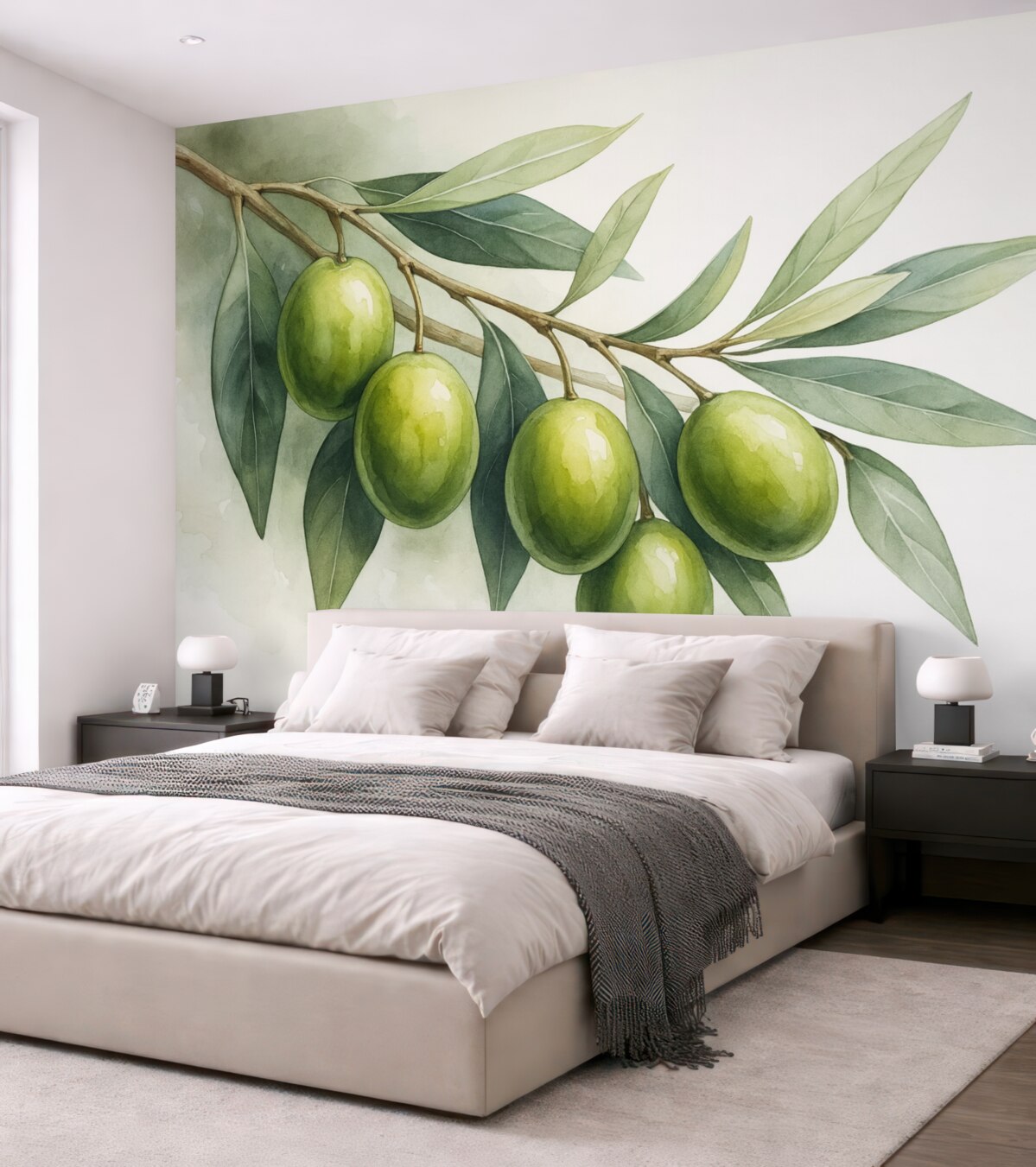 Fototapeta Gałązka z zielonymi oliwkami to wilgotna akwarela.