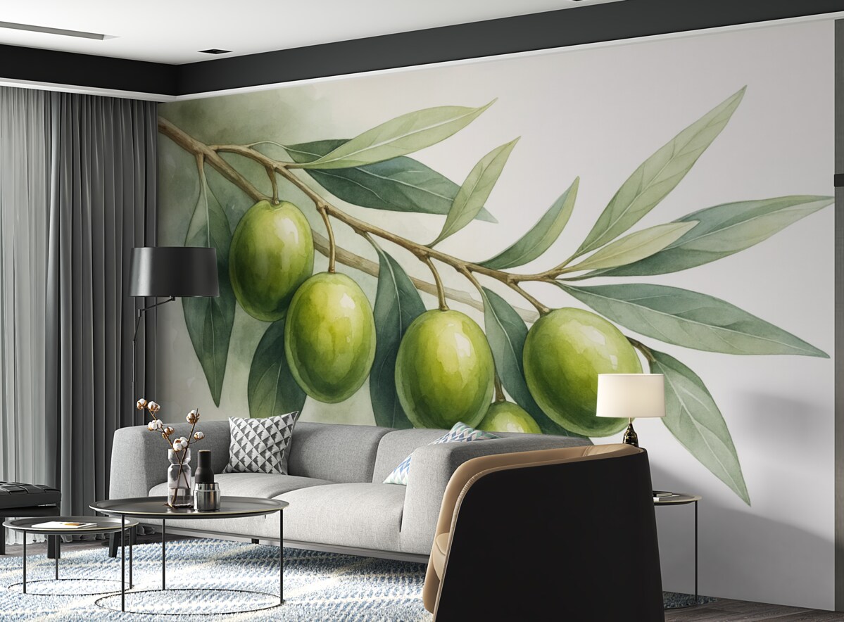 Fototapeta Gałązka z zielonymi oliwkami to wilgotna akwarela.