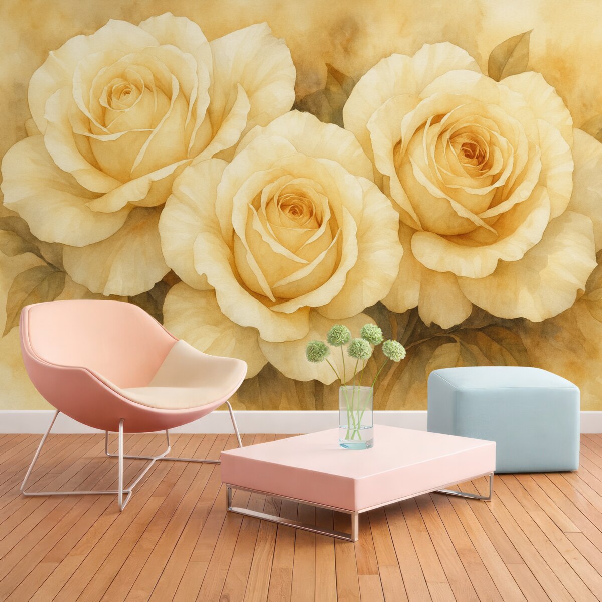 Fototapeta Róże malowane akwarelą, w odcieniu beżu i pomarańczu.