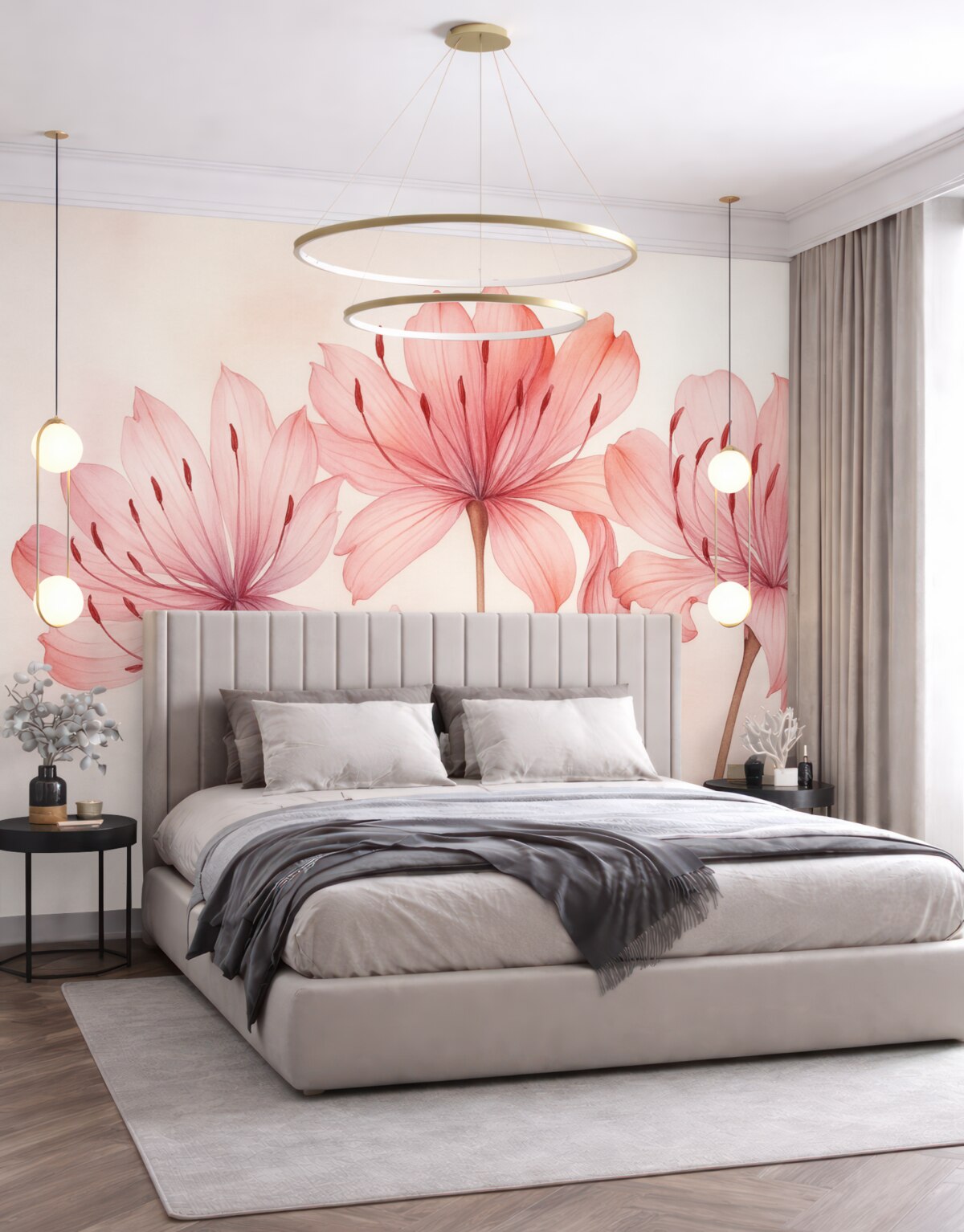 Fototapeta Akwarela z różowymi kwiatami lilii.