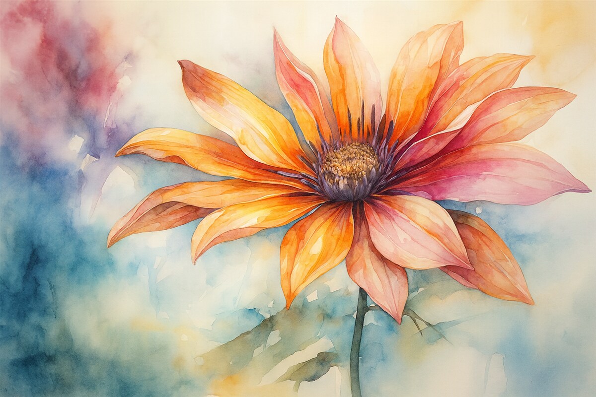 Fototapeta Jasny kwiat w akwareli, żółty, czerwony, niebieski oraz fioletowy odcień.