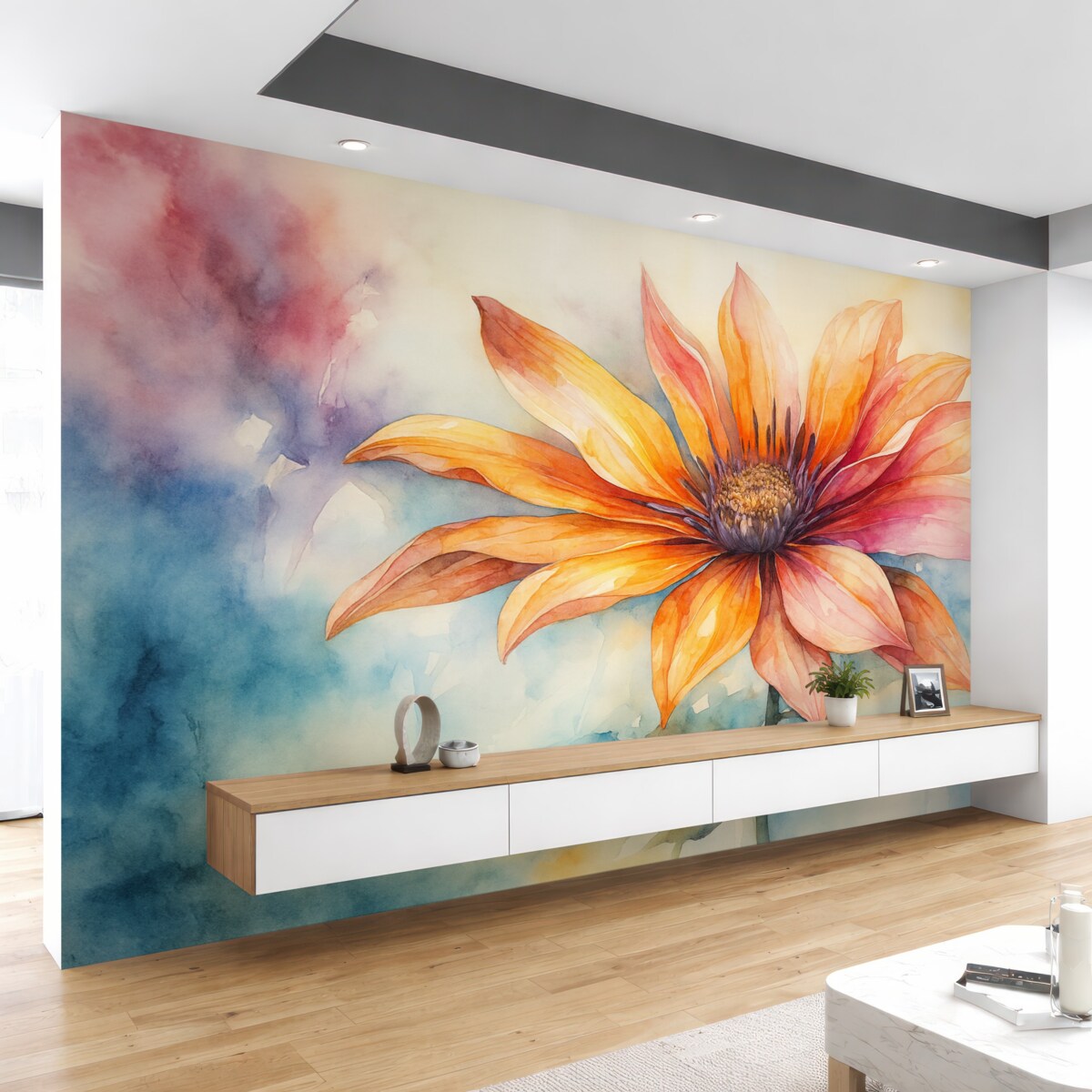 Fototapeta Jasny kwiat w akwareli, żółty, czerwony, niebieski oraz fioletowy odcień.