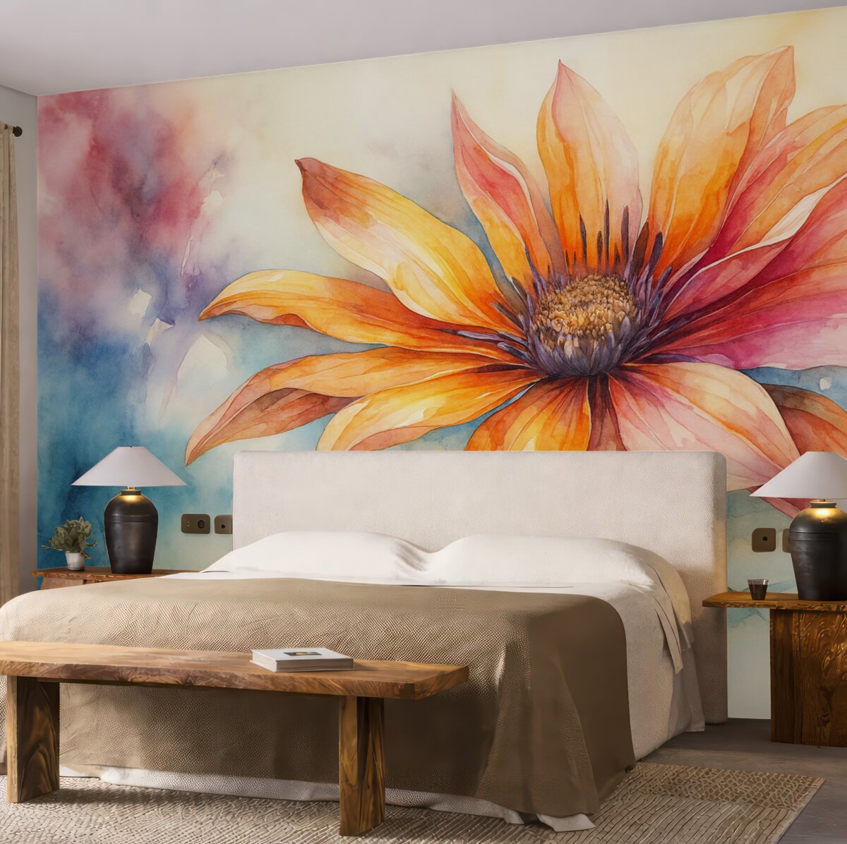 Fototapeta Jasny kwiat w akwareli, żółty, czerwony, niebieski oraz fioletowy odcień.