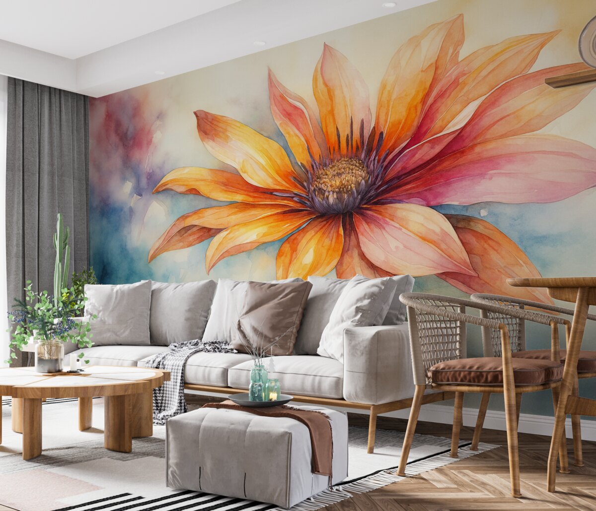 Fototapeta Jasny kwiat w akwareli, żółty, czerwony, niebieski oraz fioletowy odcień.