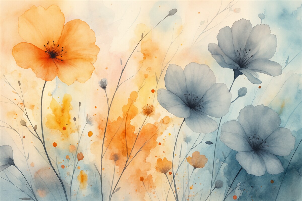 Fototapeta Abstrakcyjne jasne kwiaty oraz gałązki z plamami farby, wilgotna akwarela.