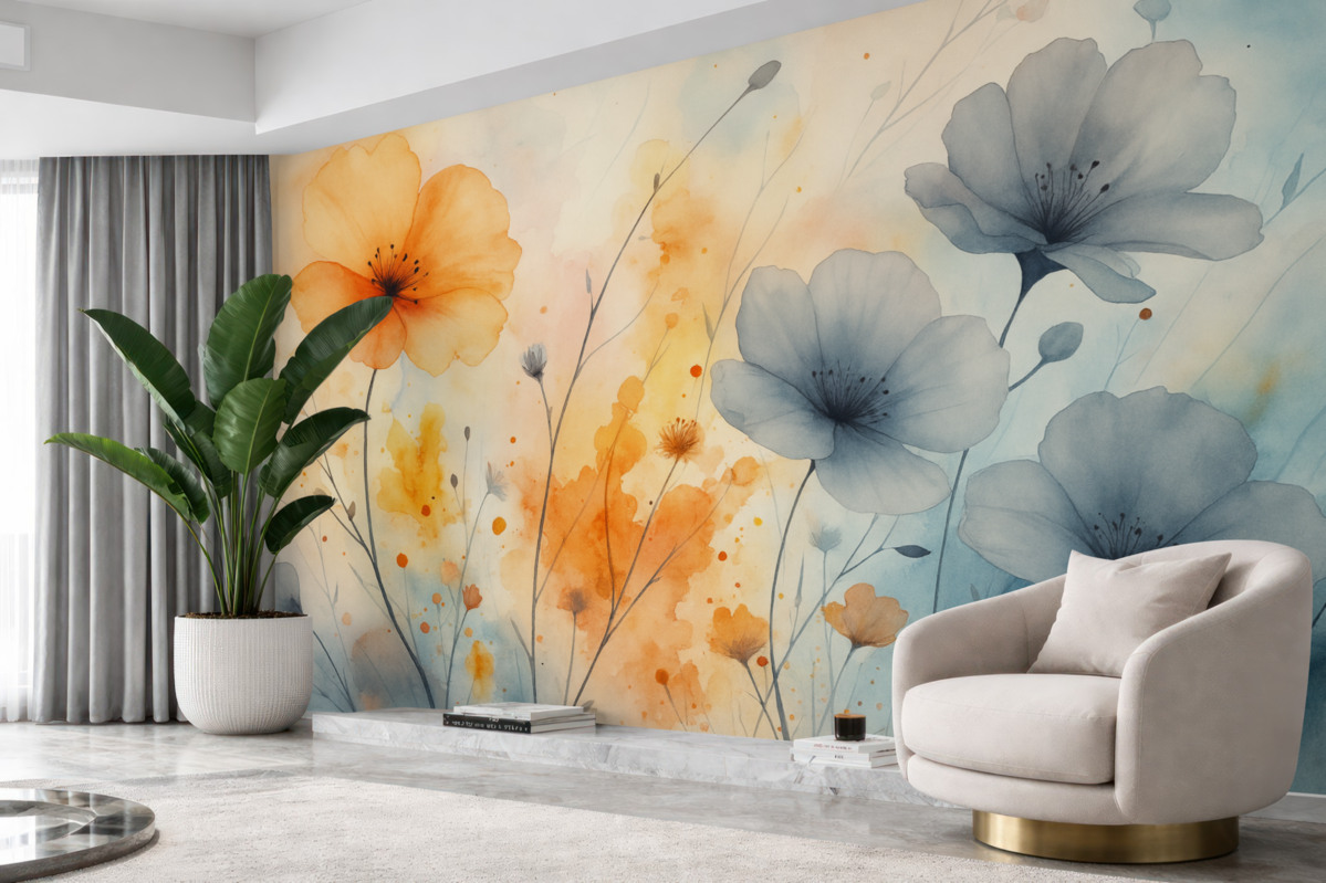 Fototapeta Abstrakcyjne jasne kwiaty oraz gałązki z plamami farby, wilgotna akwarela.