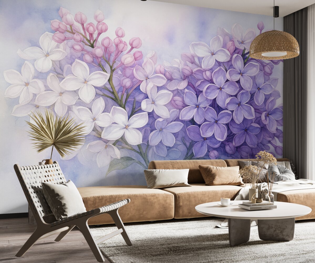 Fototapeta Gałązka z kwiatami bzu wilgotna akwarela, fioletowy kolor.