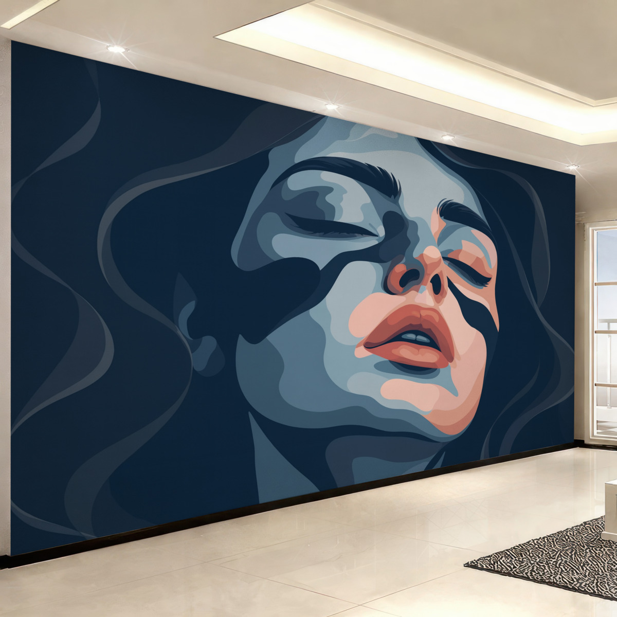 Fototapeta Twarz dziewczynki na błękitnym tle, pokryta kolorami.