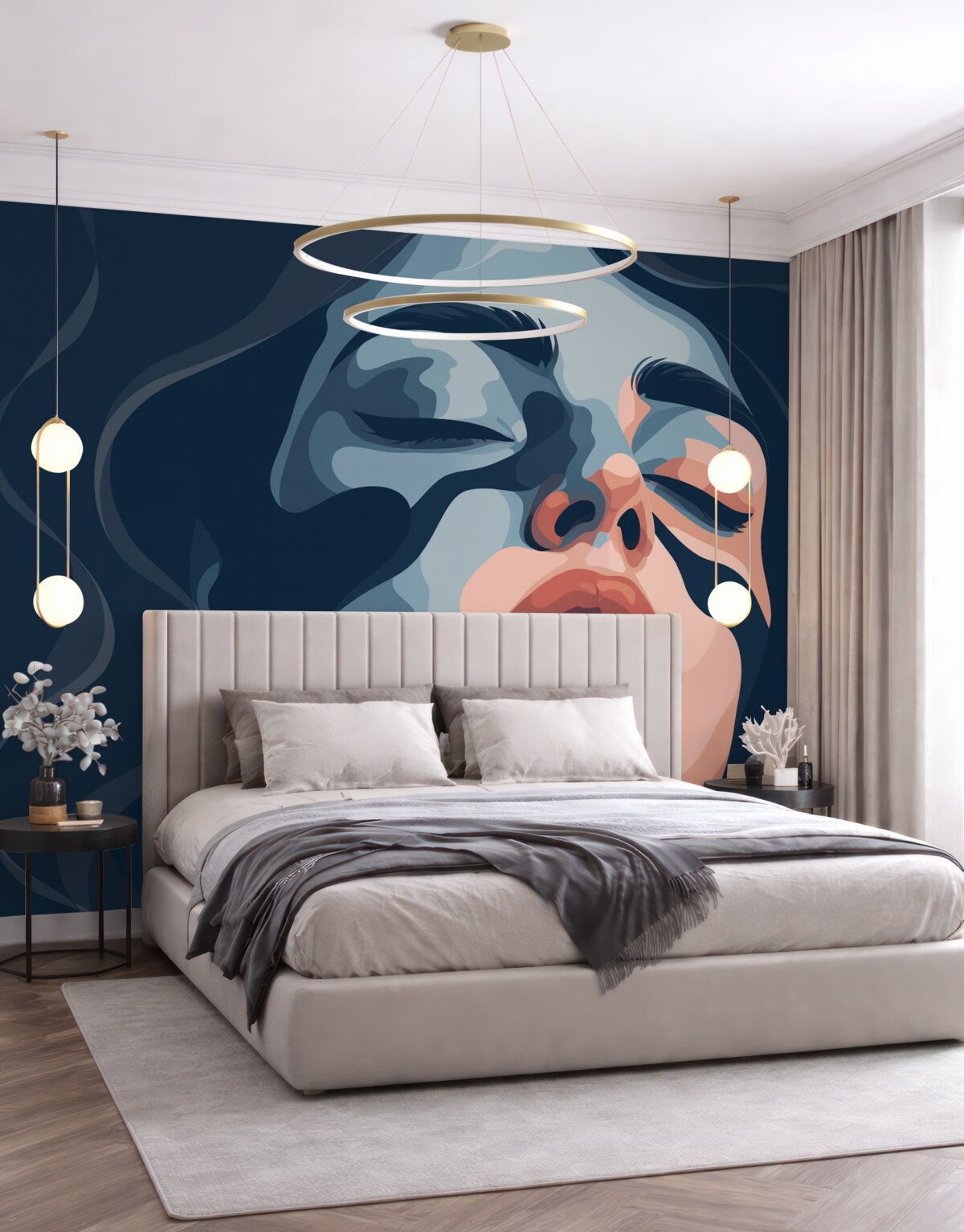 Fototapeta Twarz dziewczynki na błękitnym tle, pokryta kolorami.