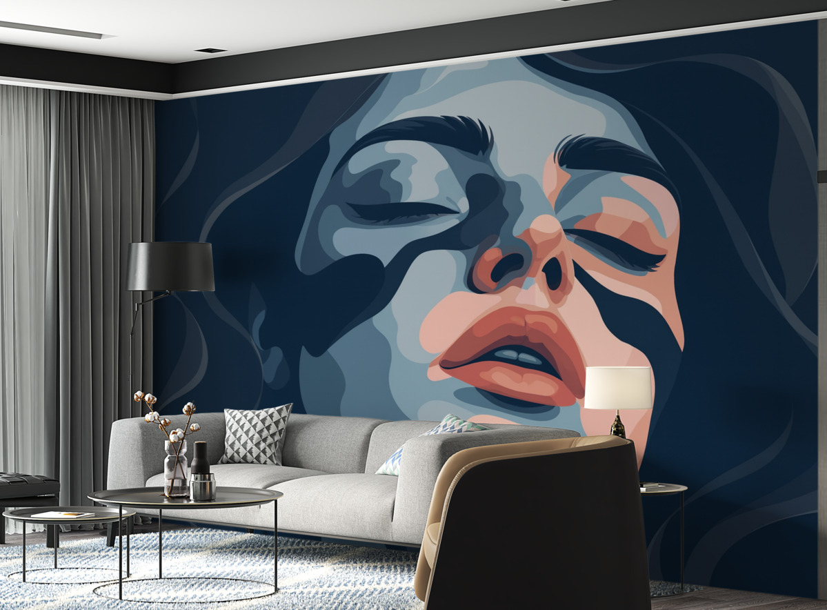 Fototapeta Twarz dziewczynki na błękitnym tle, pokryta kolorami.