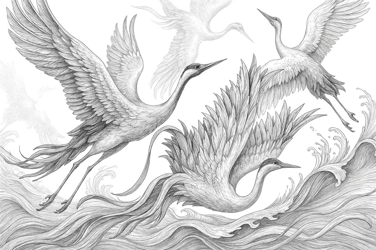 Fototapeta Ptaki w locie, minimalizm, sztuka linii, przyroda, odcień szarości.