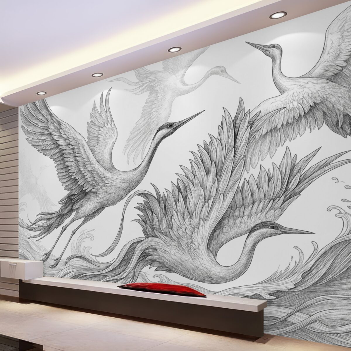 Fototapeta Ptaki w locie, minimalizm, sztuka linii, przyroda, odcień szarości.