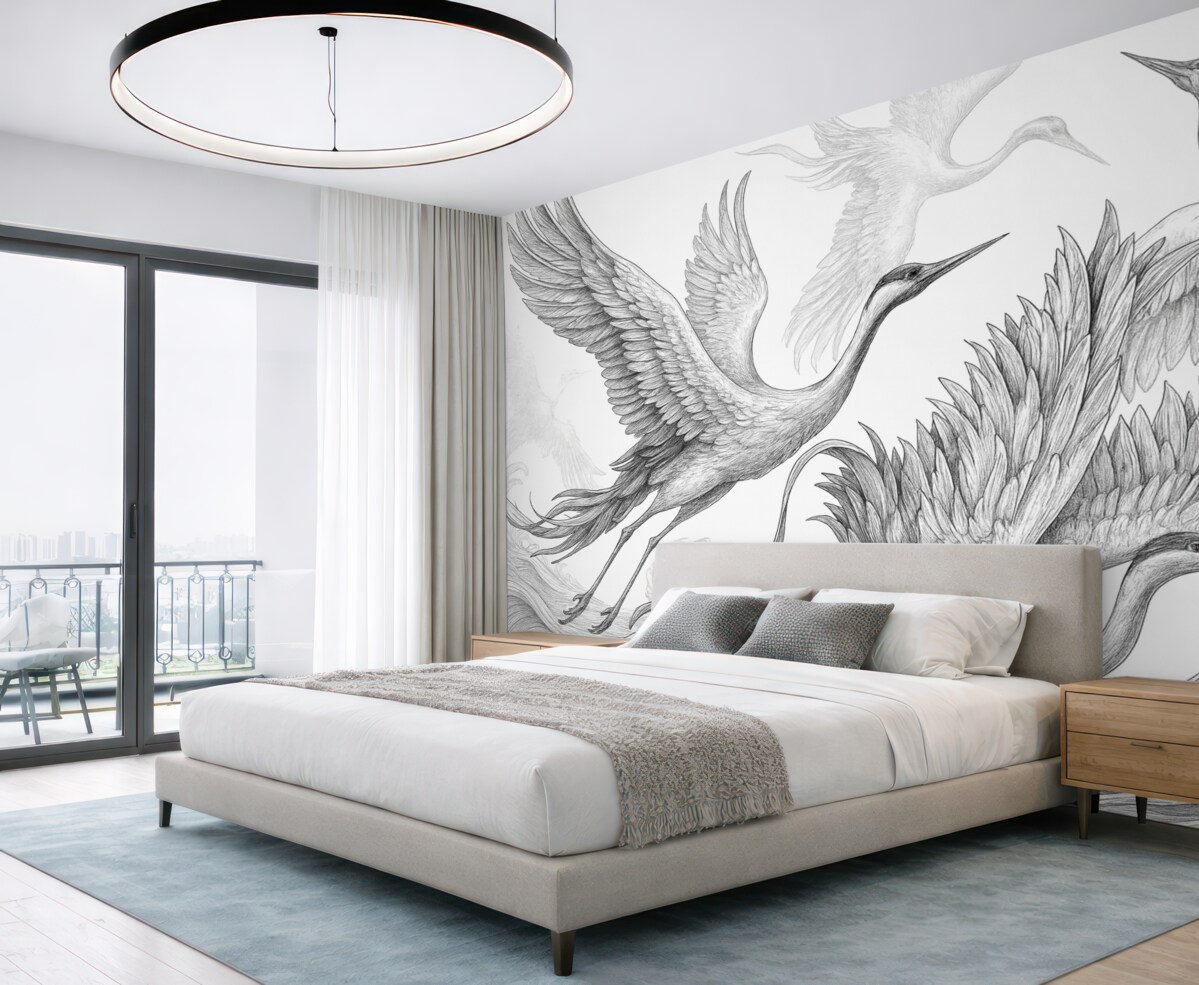 Fototapeta Ptaki w locie, minimalizm, sztuka linii, przyroda, odcień szarości.